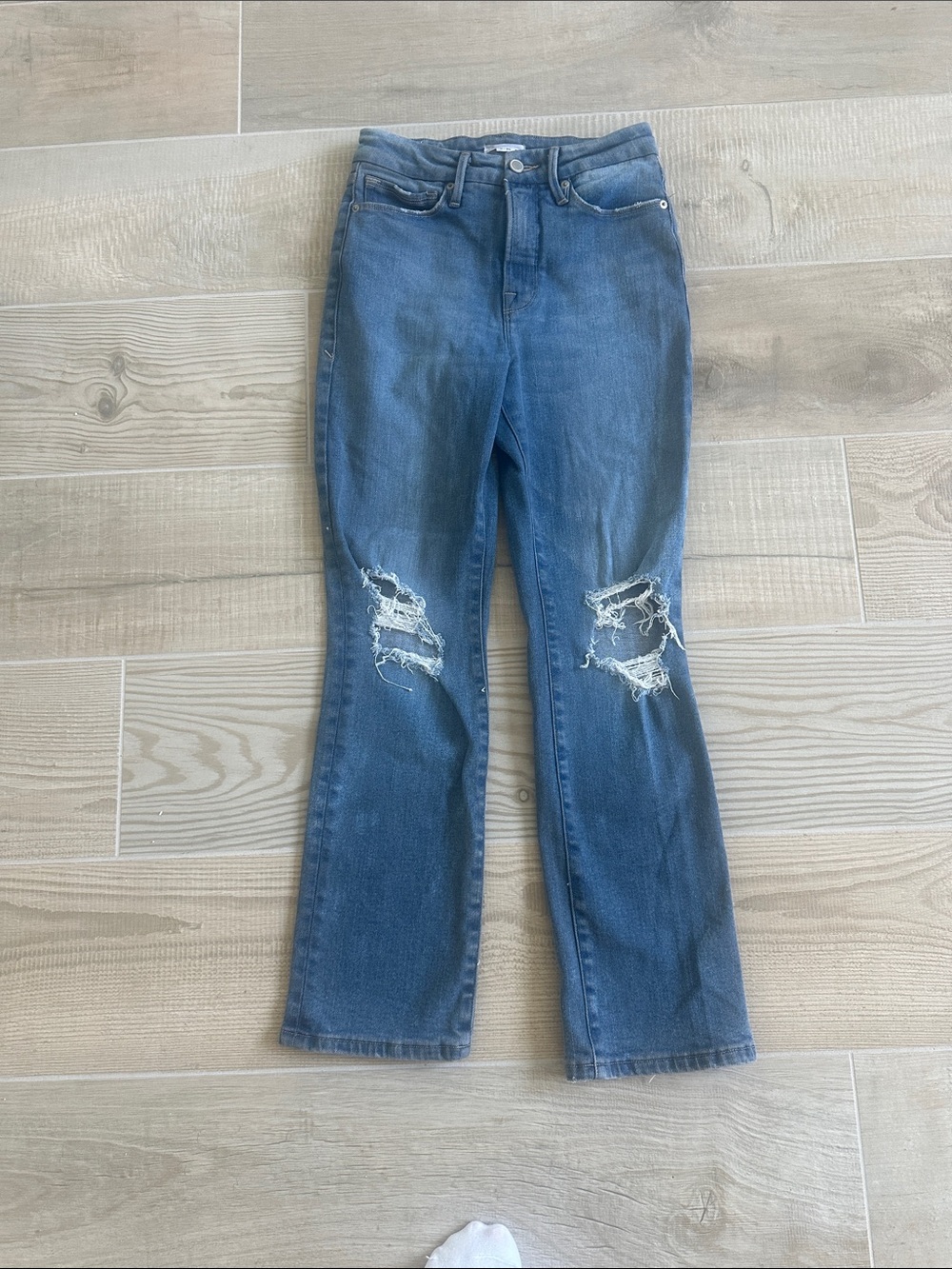 Good American Blue Distressed Flare Jeans